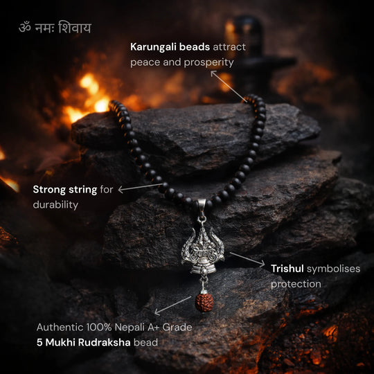 Authentic Karungali Mala with Rudraksha and Trishul - Gemsinvite  