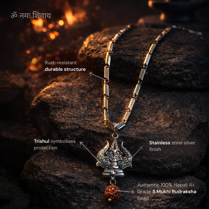 Stainless Steel Silver Pendant with Rudraksha and Trishul - Gemsinvite  