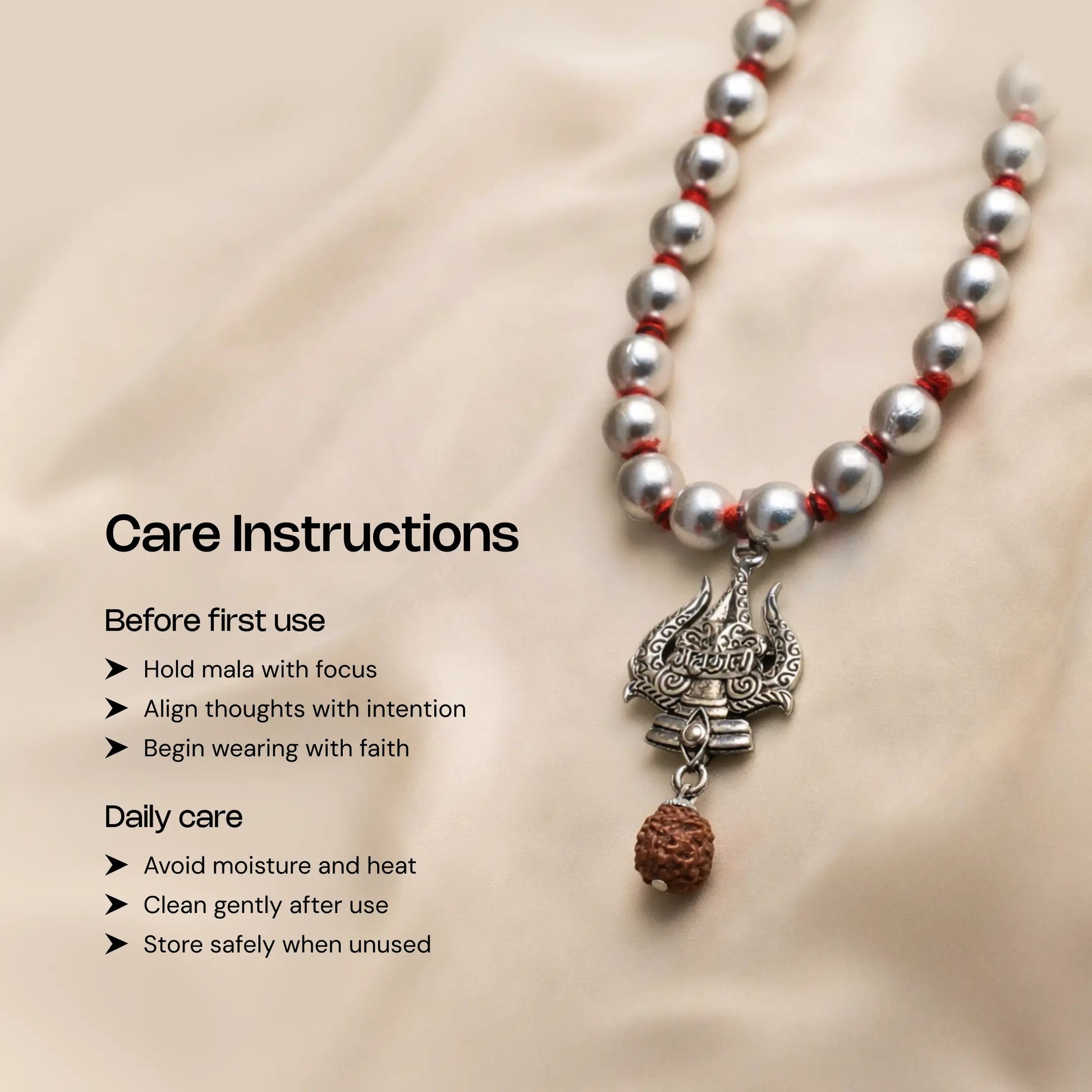 Mercury Beads Mala with Trishul and Rudraksha - Gemsinvite  