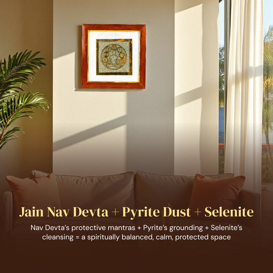 Jain Nav Devta Raw Pyrite with Selenite Frame - Gemsinvite