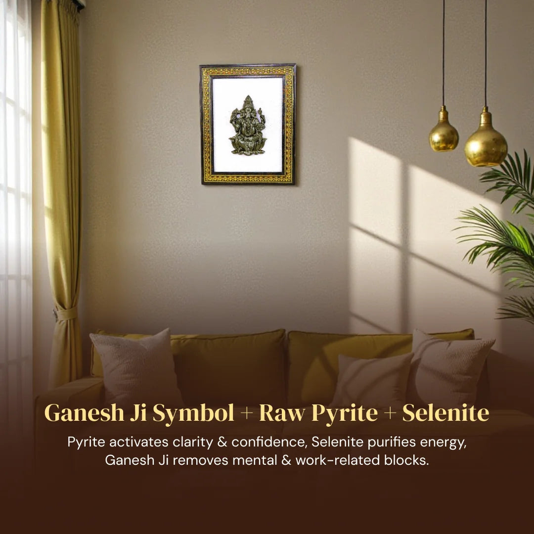 Lord Ganesha Pyrite-Selenite 3D Frame - Gemsinvite